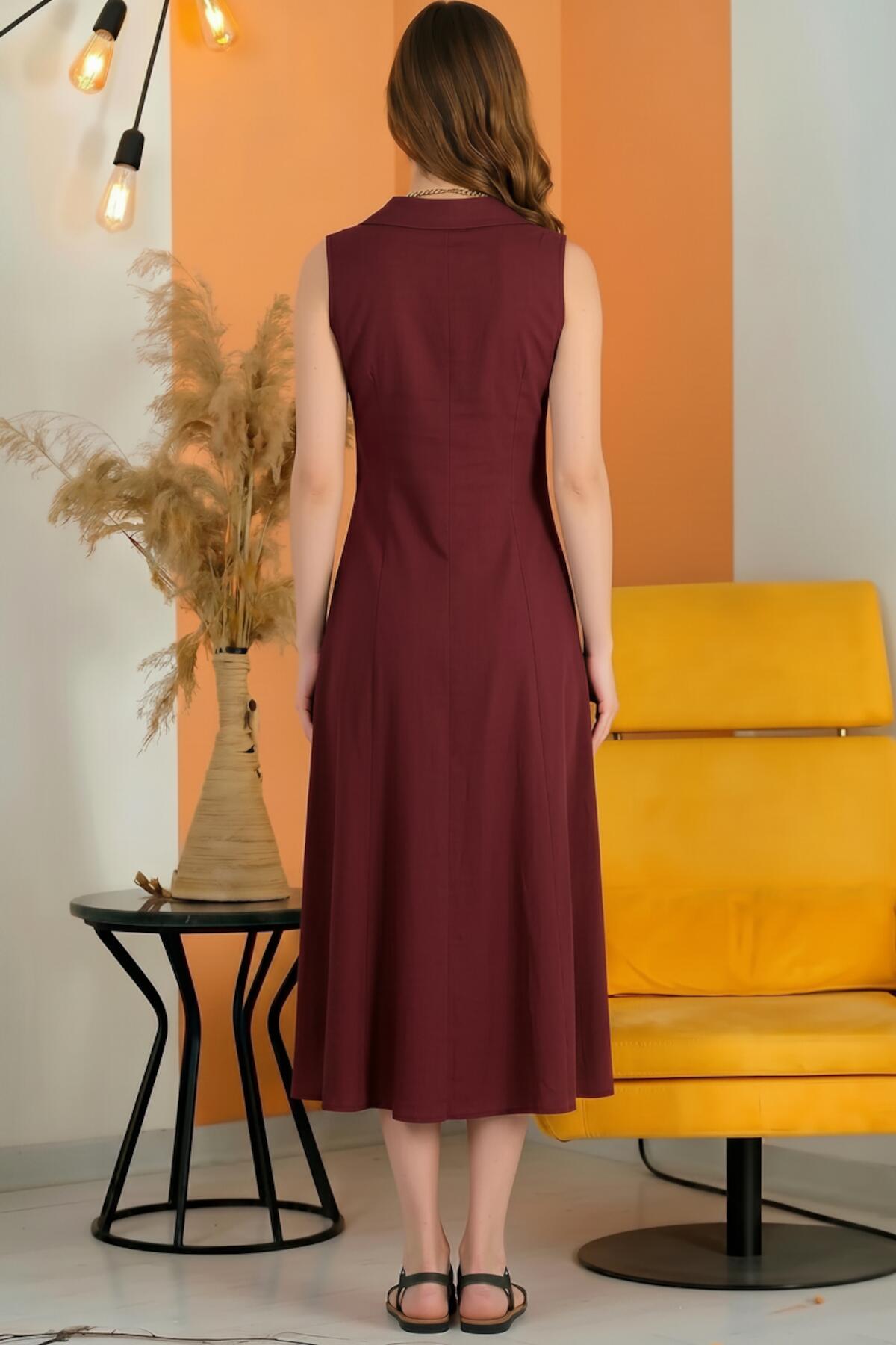 Button - Front Sleeveless Dress — Burgundy