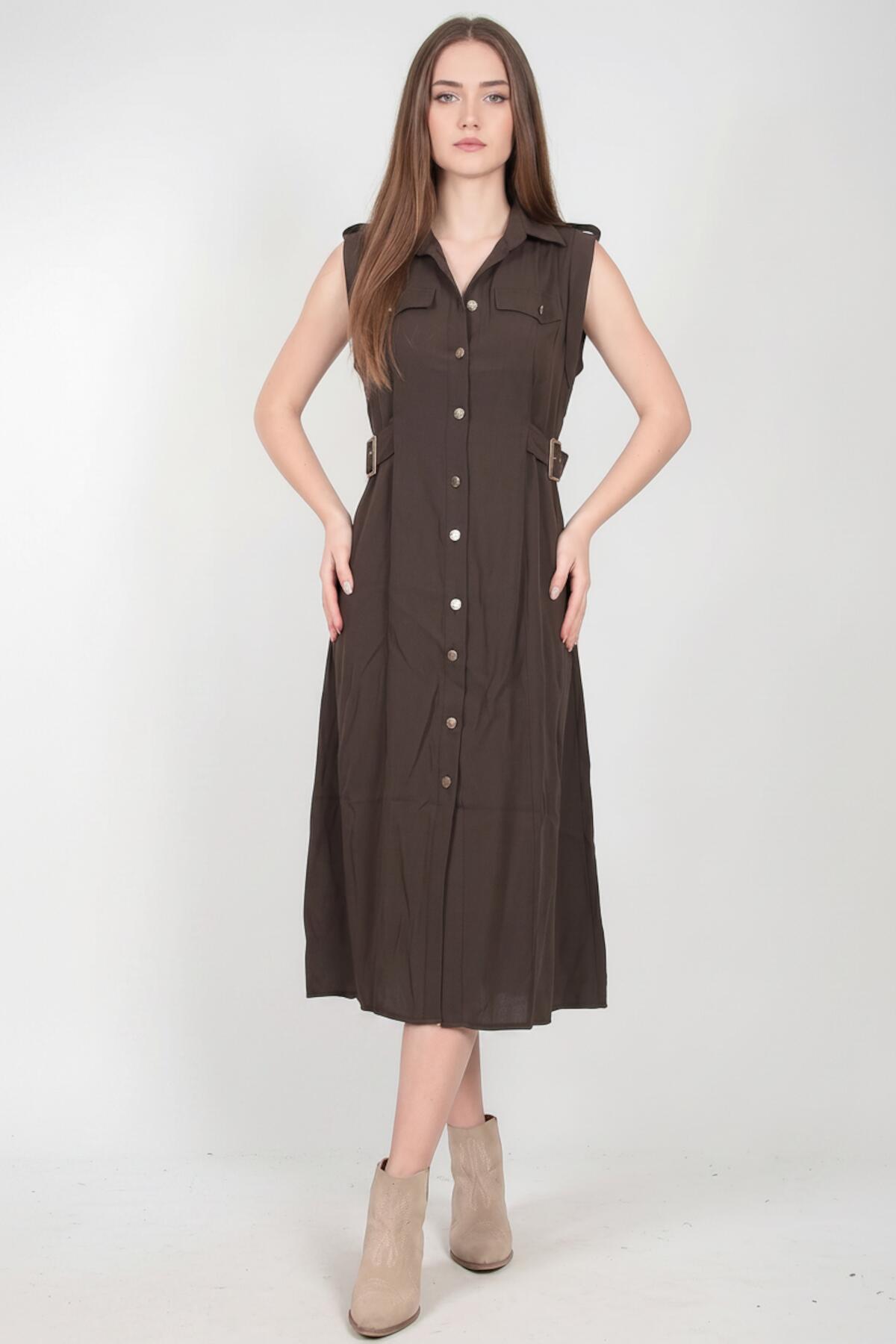 Brown Shirt Dress With Flap - Pocket Shoulders And Shiny Front Buttons