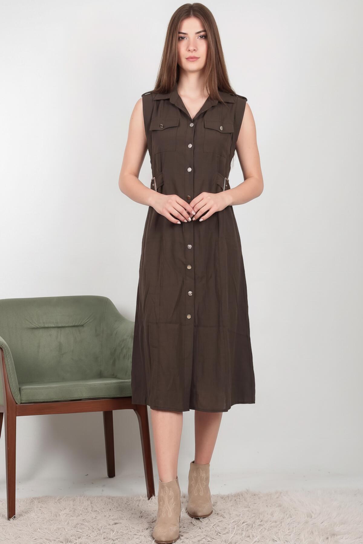 Brown Shirt Dress With Flap - Pocket Shoulders And Shiny Front Buttons