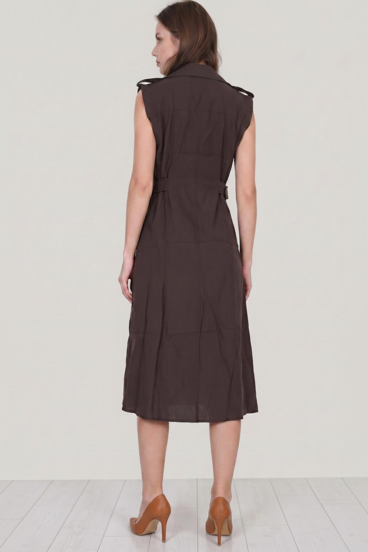 Brown Shirt Dress With Flap - Pocket Shoulders And Shiny Front Buttons
