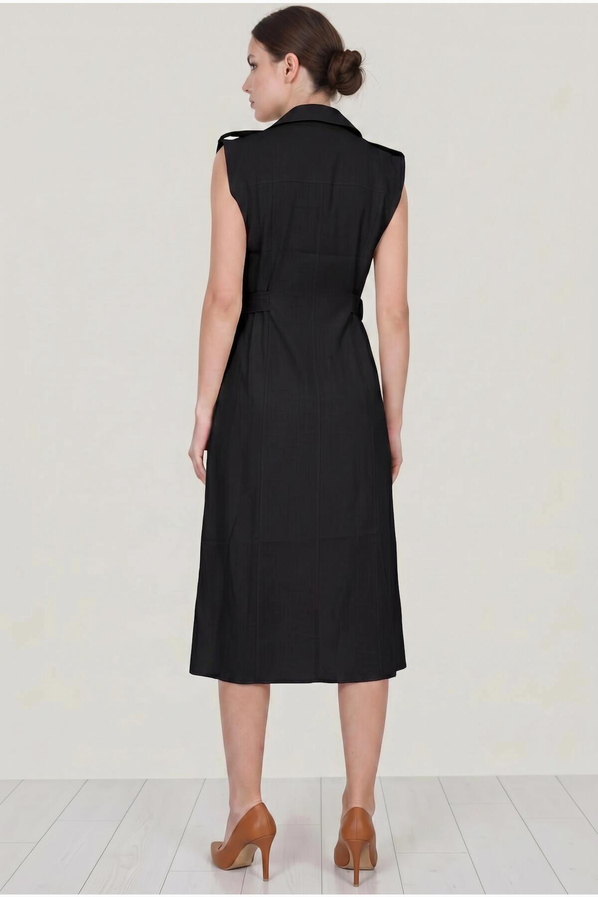 Black Shirt Dress With Flap Pockets And Shiny Front Buttons
