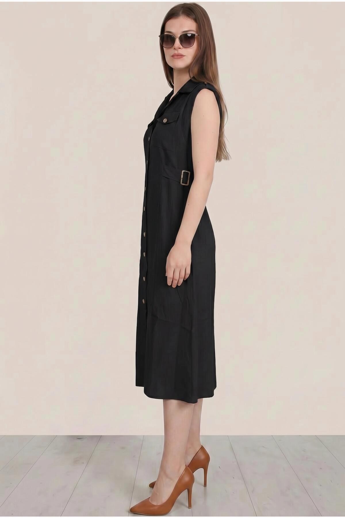 Black Shirt Dress With Flap Pockets And Shiny Front Buttons