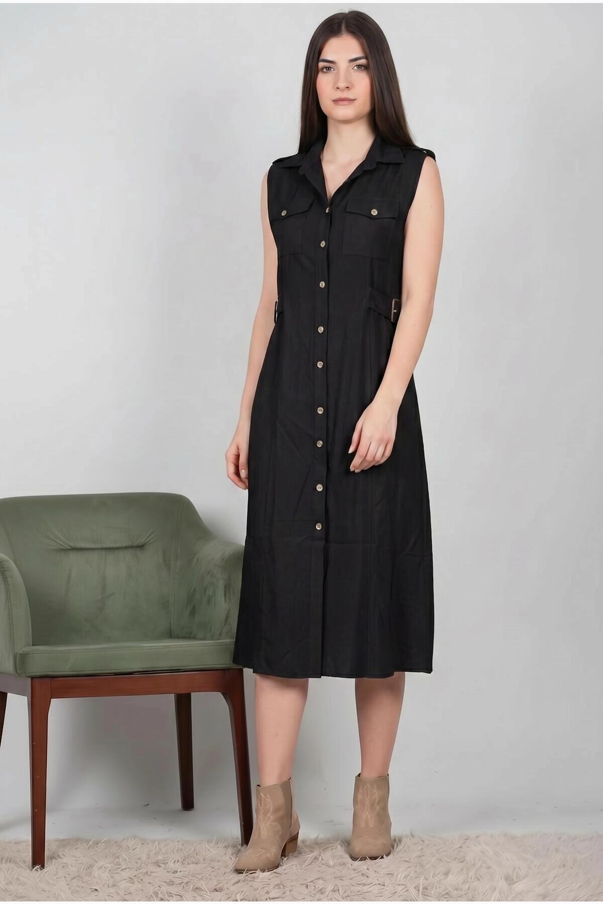 Black Shirt Dress With Flap Pockets And Shiny Front Buttons