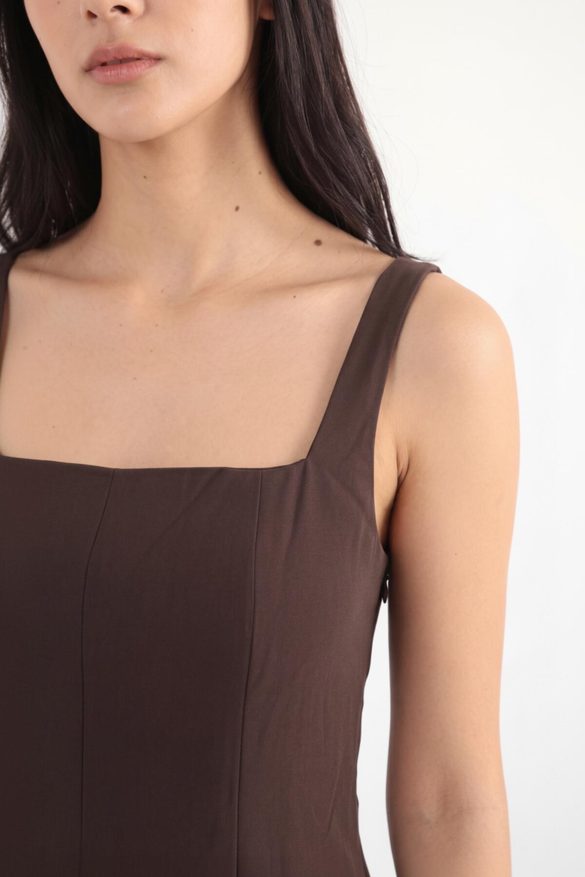 Eckiger Halsausschnitt Modal-Kleid – Braun