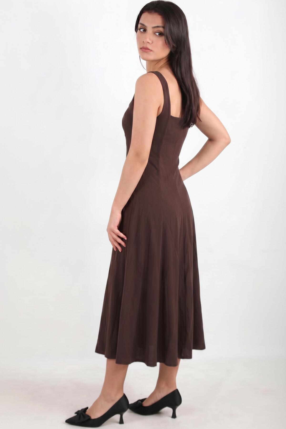Eckiger Halsausschnitt Modal-Kleid – Braun