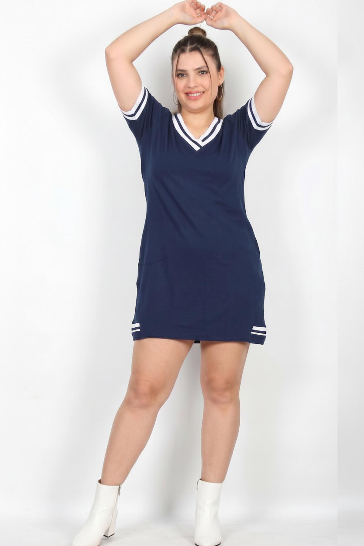 Plus - Size V - Neck Dress With Stripe Detail — Navy