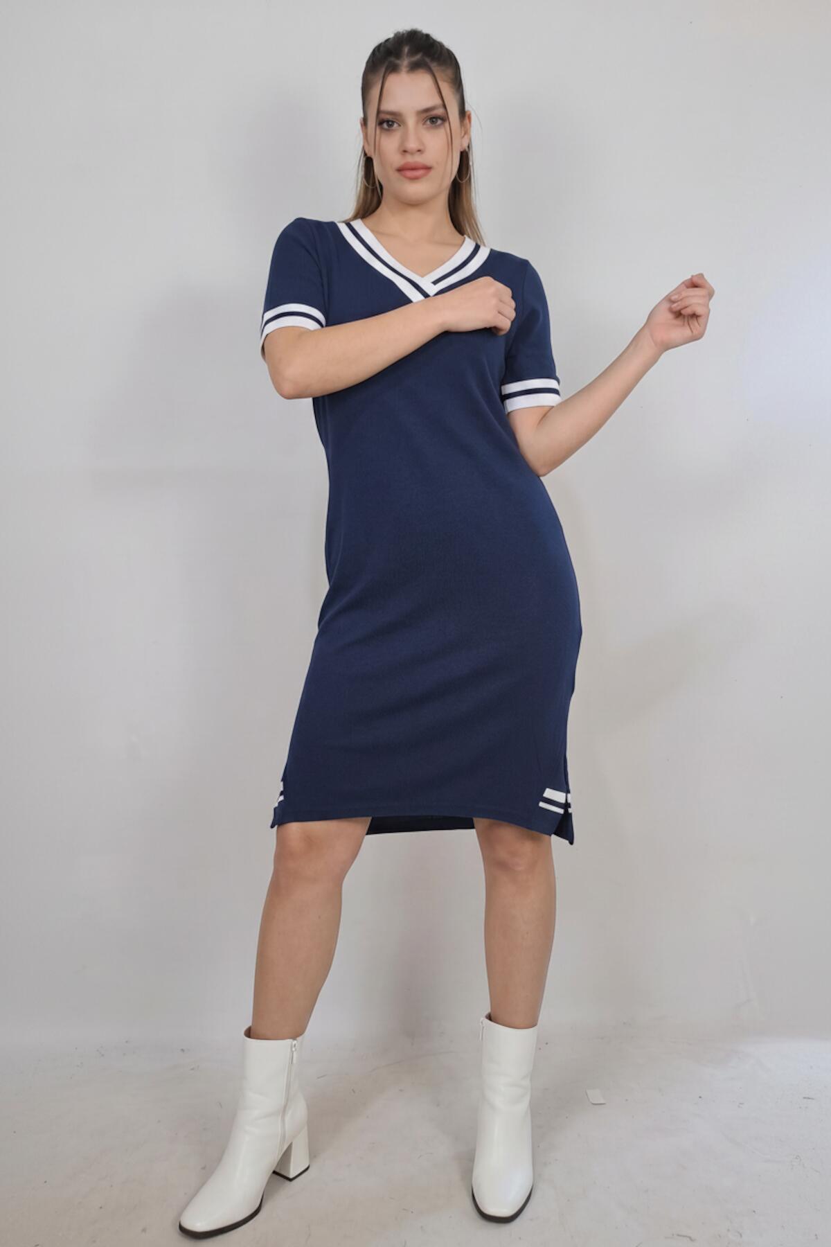Plus - Size V - Neck Dress With Stripe Detail — Navy