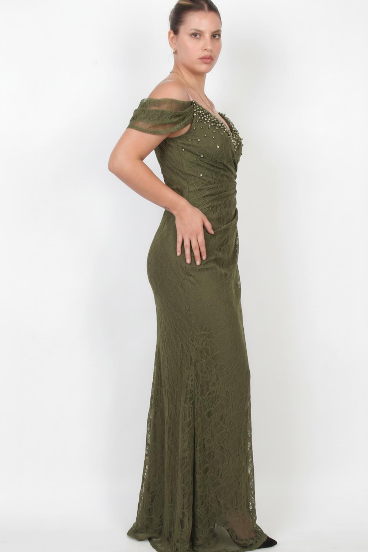 Plus‑Size Lace Evening Dress With Pearl‑Embellished Bust — Khaki