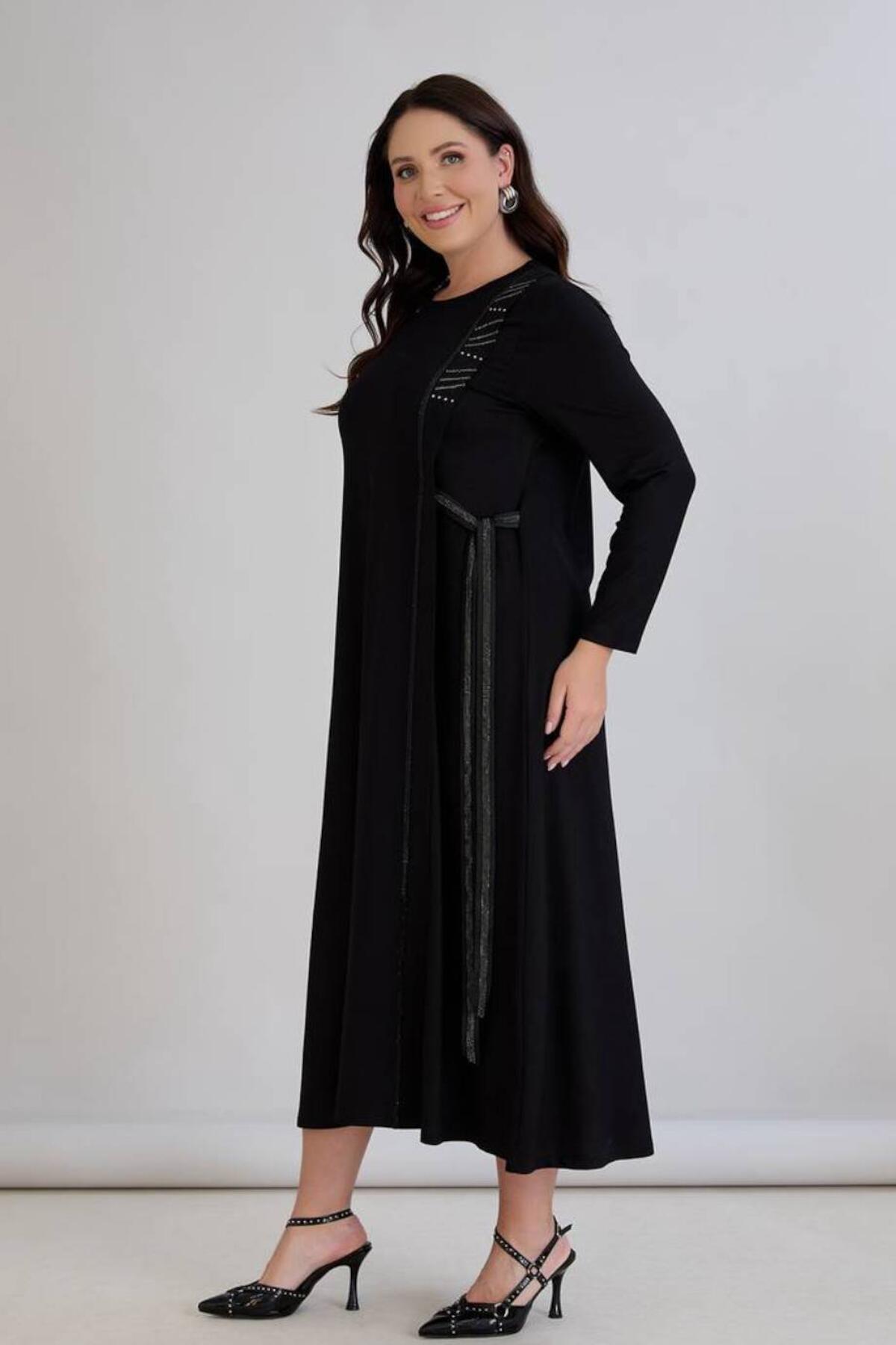 Plus - Size Long - Sleeve Dress With Stone Detail — Black