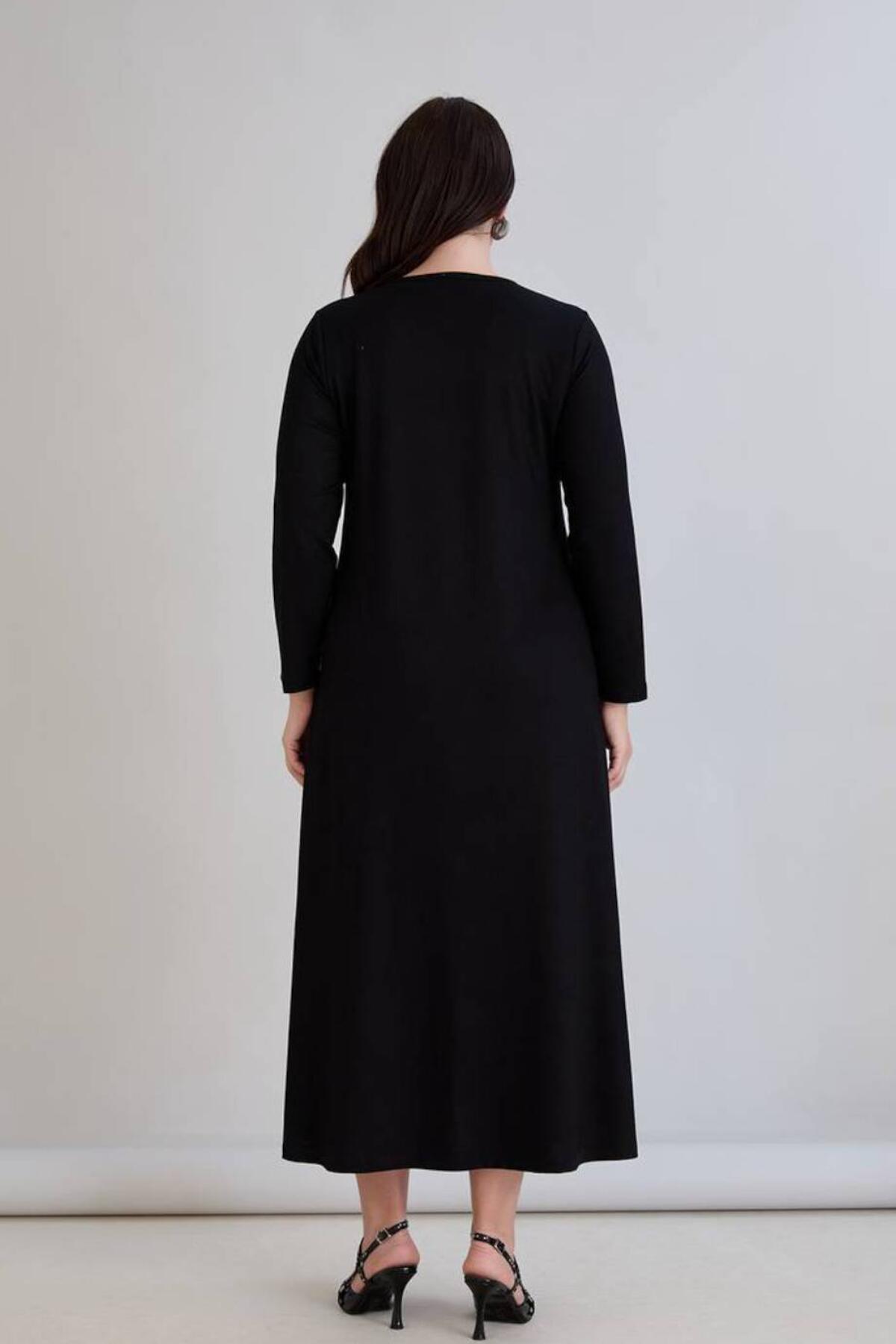 Plus - Size Long - Sleeve Dress With Stone Detail — Black