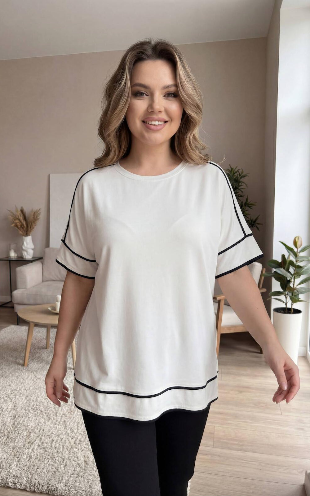 Jersey-Top mit Streifen-Detail in Plus-Size — Creme