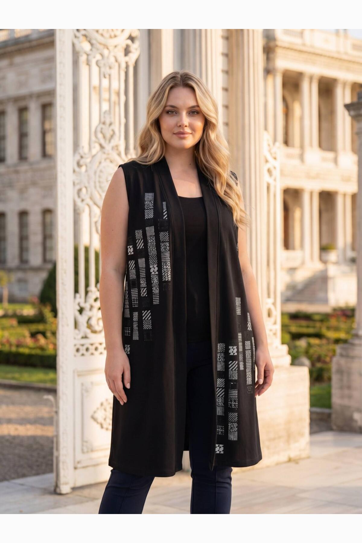 Plus - Size Patterned Crystal Fabric Vest — Black