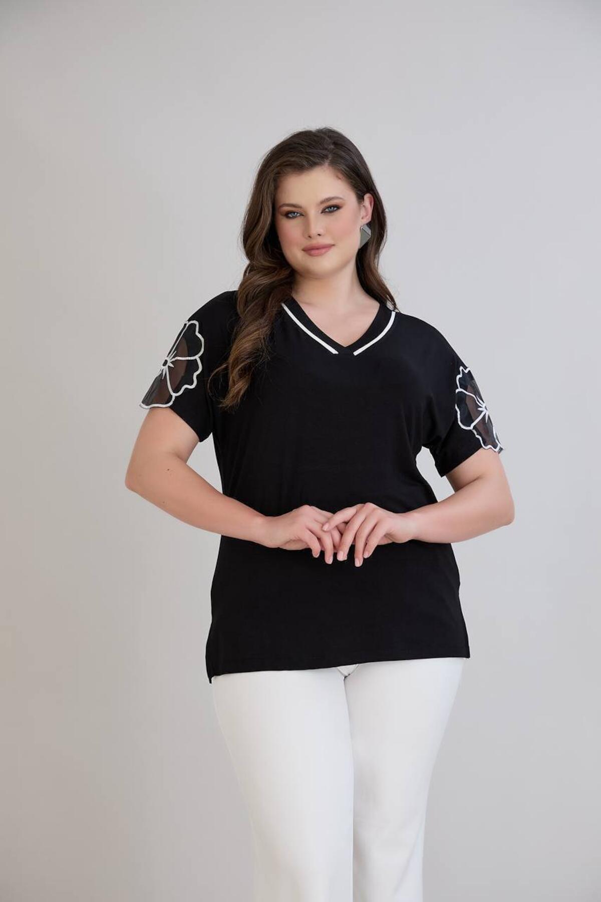 Plus‑Size V‑Neck Jersey Top With Embroidered Tulle Sleeves — Black