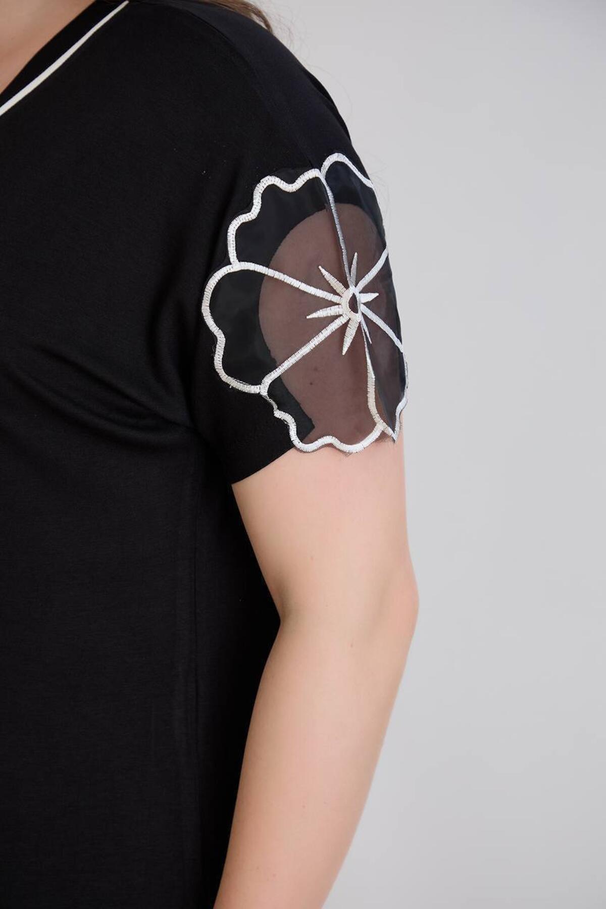 Plus‑Size V‑Neck Jersey Top With Embroidered Tulle Sleeves — Black