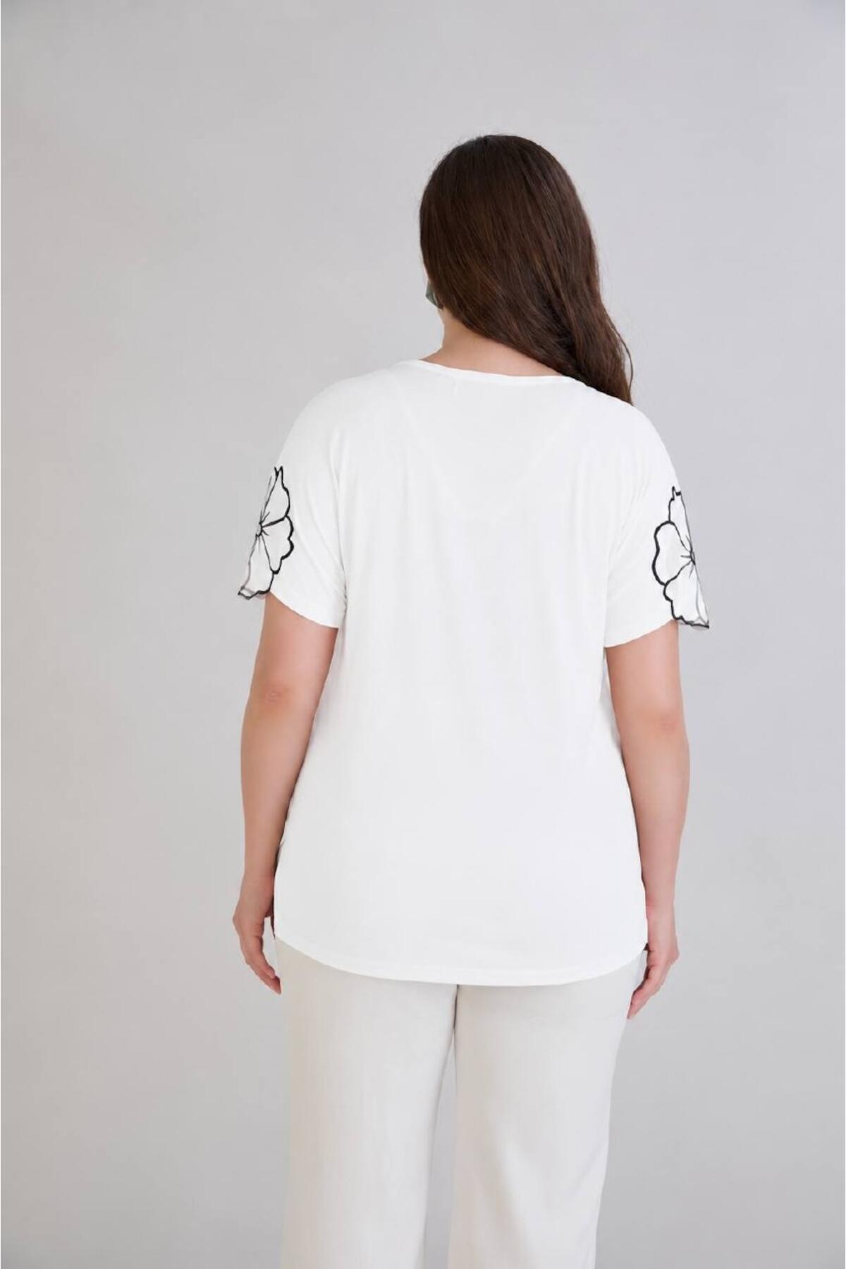 Plus - Size V‑Neck Jersey Blouse With Embroidered Tulle Sleeves, Cream