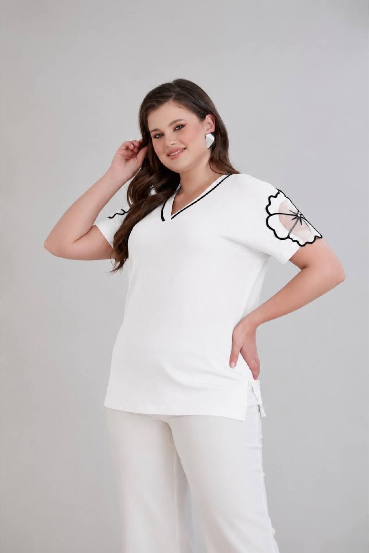 Plus - Size V‑Neck Jersey Blouse With Embroidered Tulle Sleeves, Cream