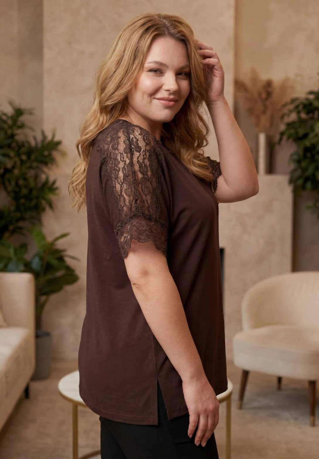 Plus - Size Lace - Detail Blouse — Brown
