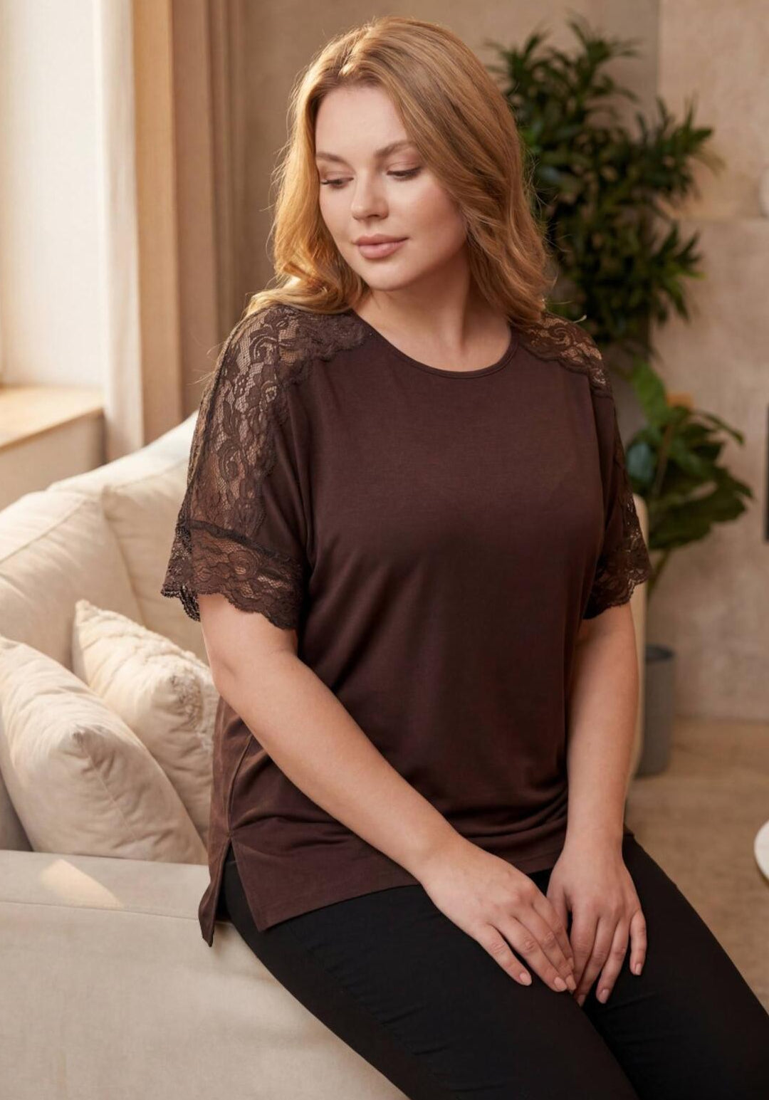 Plus - Size Lace - Detail Blouse — Brown