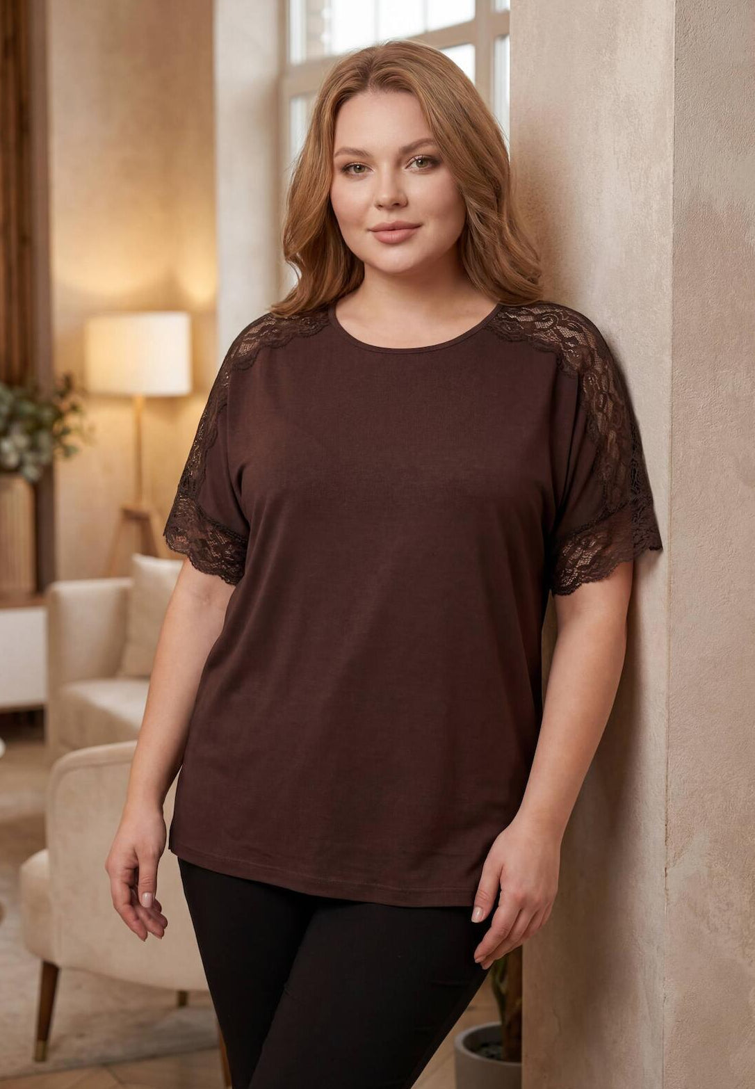 Plus - Size Lace - Detail Blouse — Brown