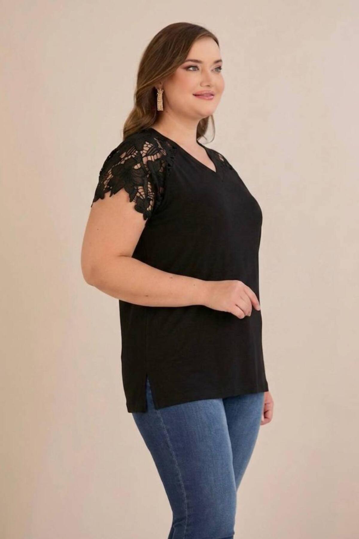 Plus - Size V - Neck Blouse With Guipure Shoulder Detail — Black