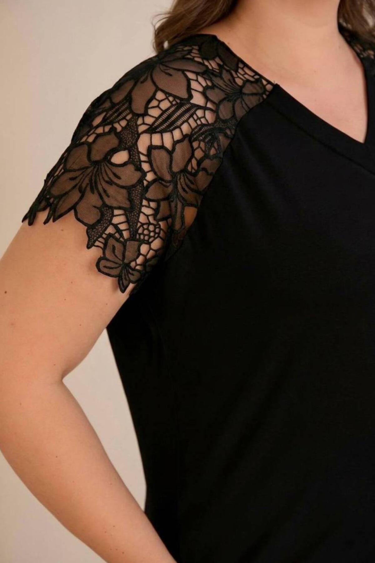 Plus - Size V - Neck Blouse With Guipure Shoulder Detail — Black