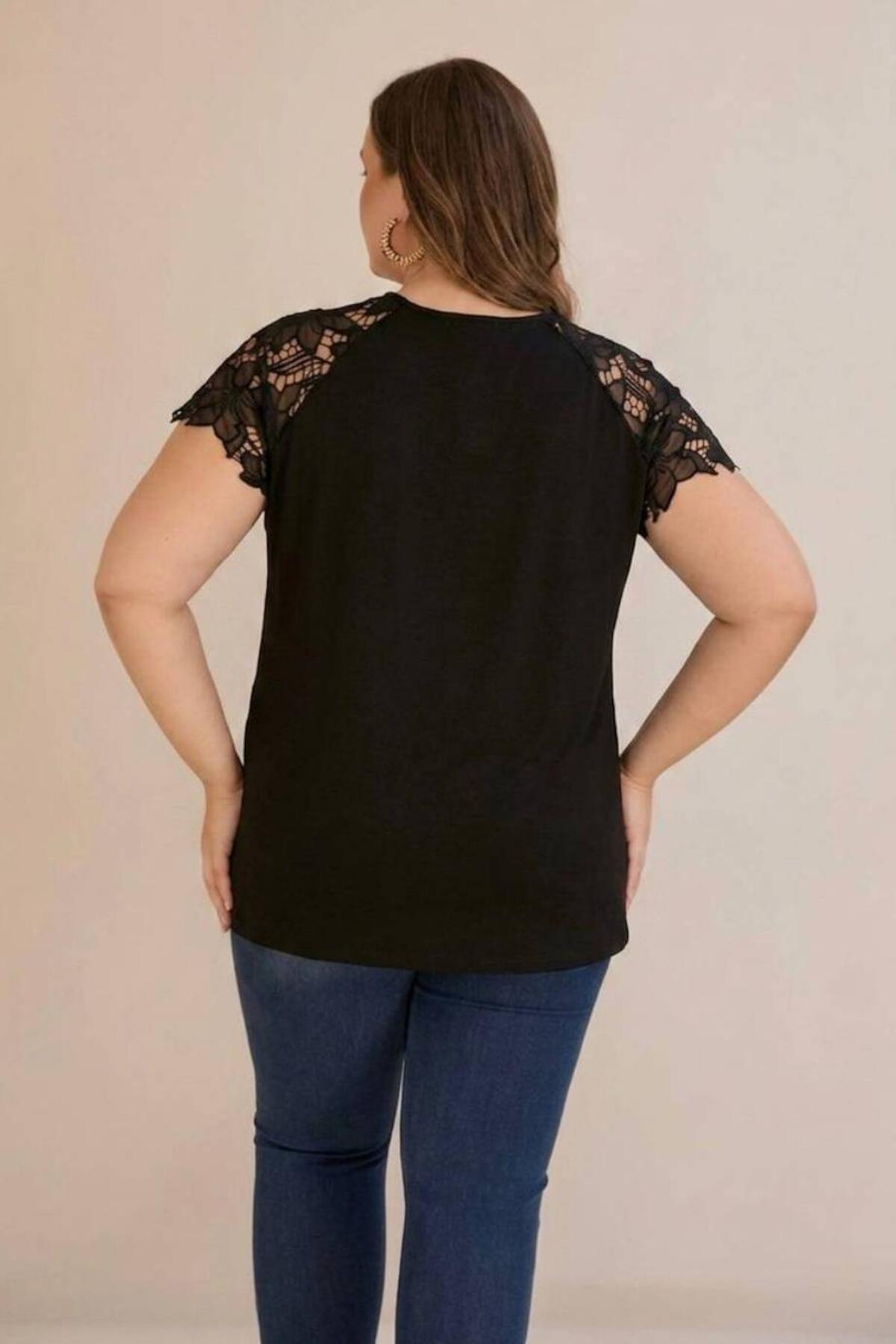 Plus - Size V - Neck Blouse With Guipure Shoulder Detail — Black