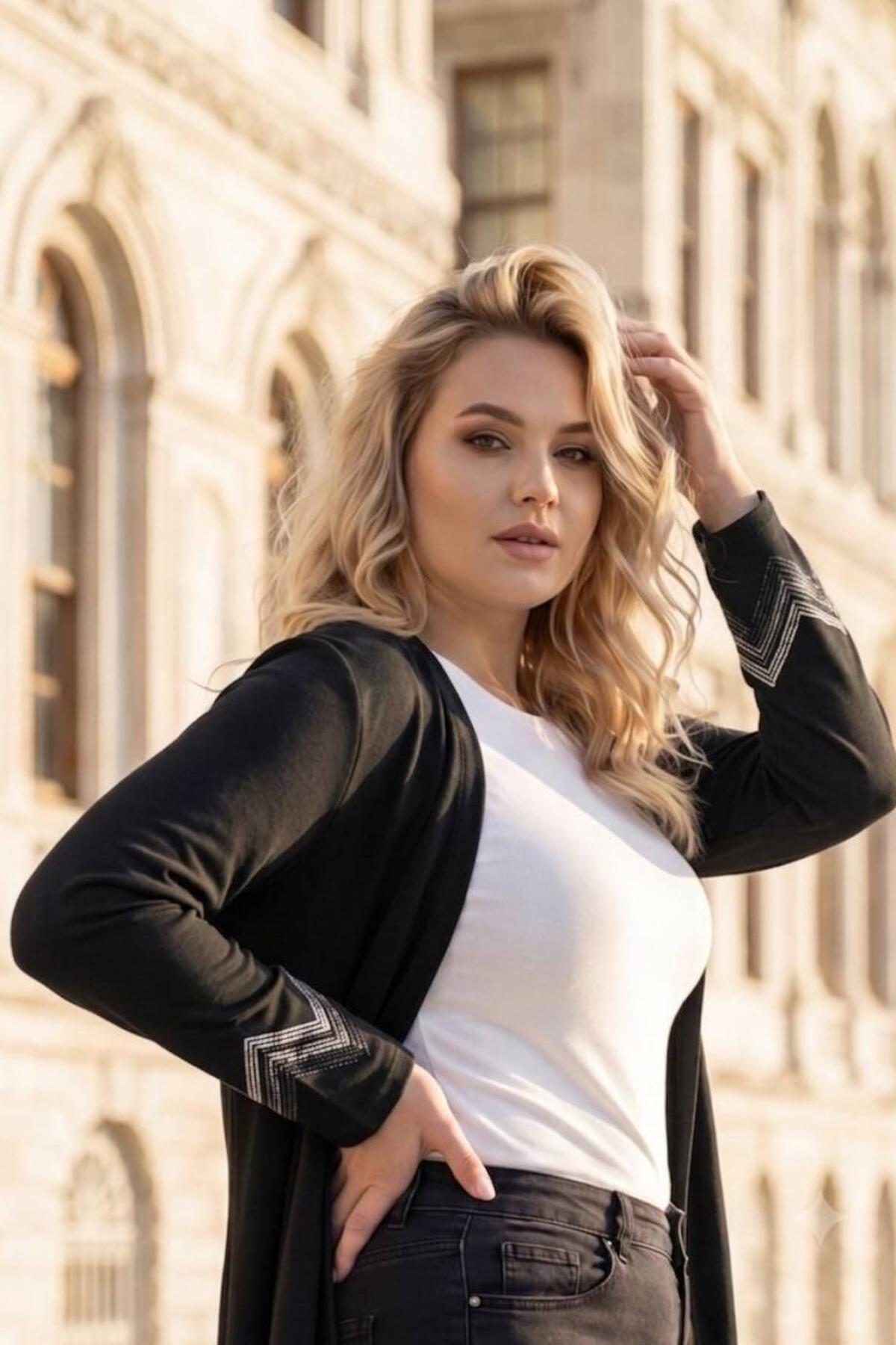 Plus - Size Long Cardigan With Stone Details — Black