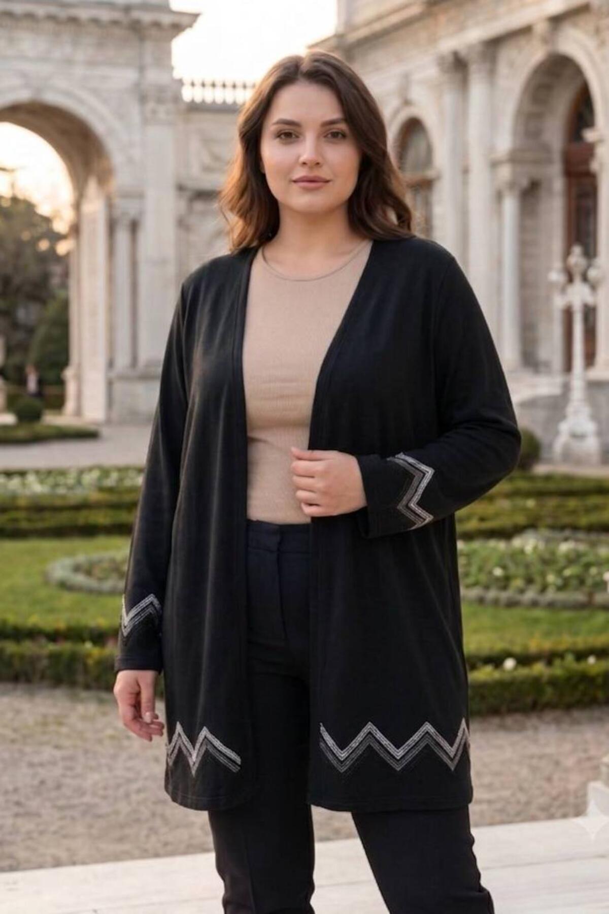 Plus - Size Long Cardigan With Stone Details — Black