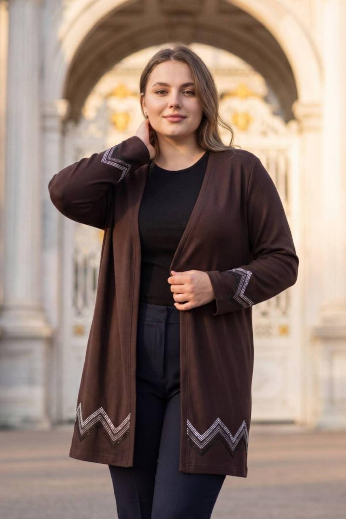 Plus‑Size Long Crystal‑Embellished Cardigan — Brown