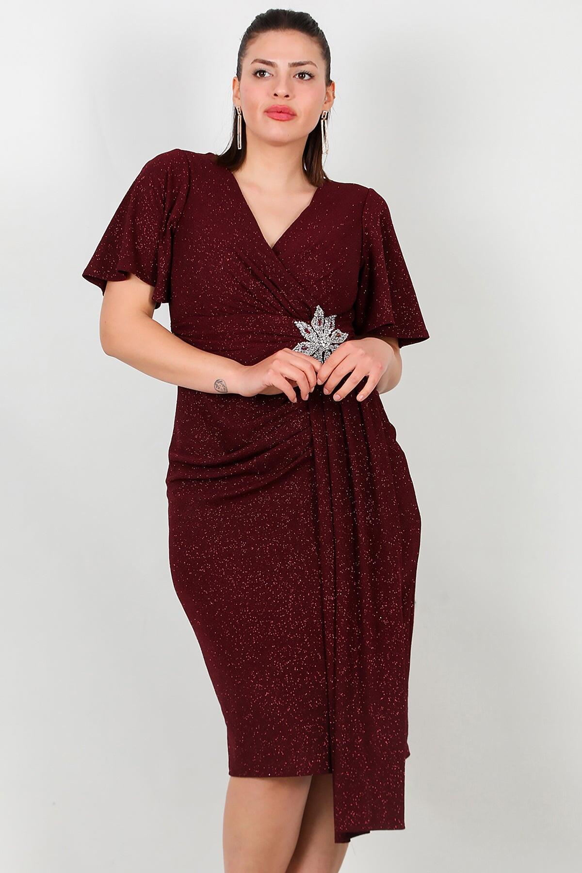 Grote maten midi-jurk met taille met bloemsteentjes — bordeauxrood