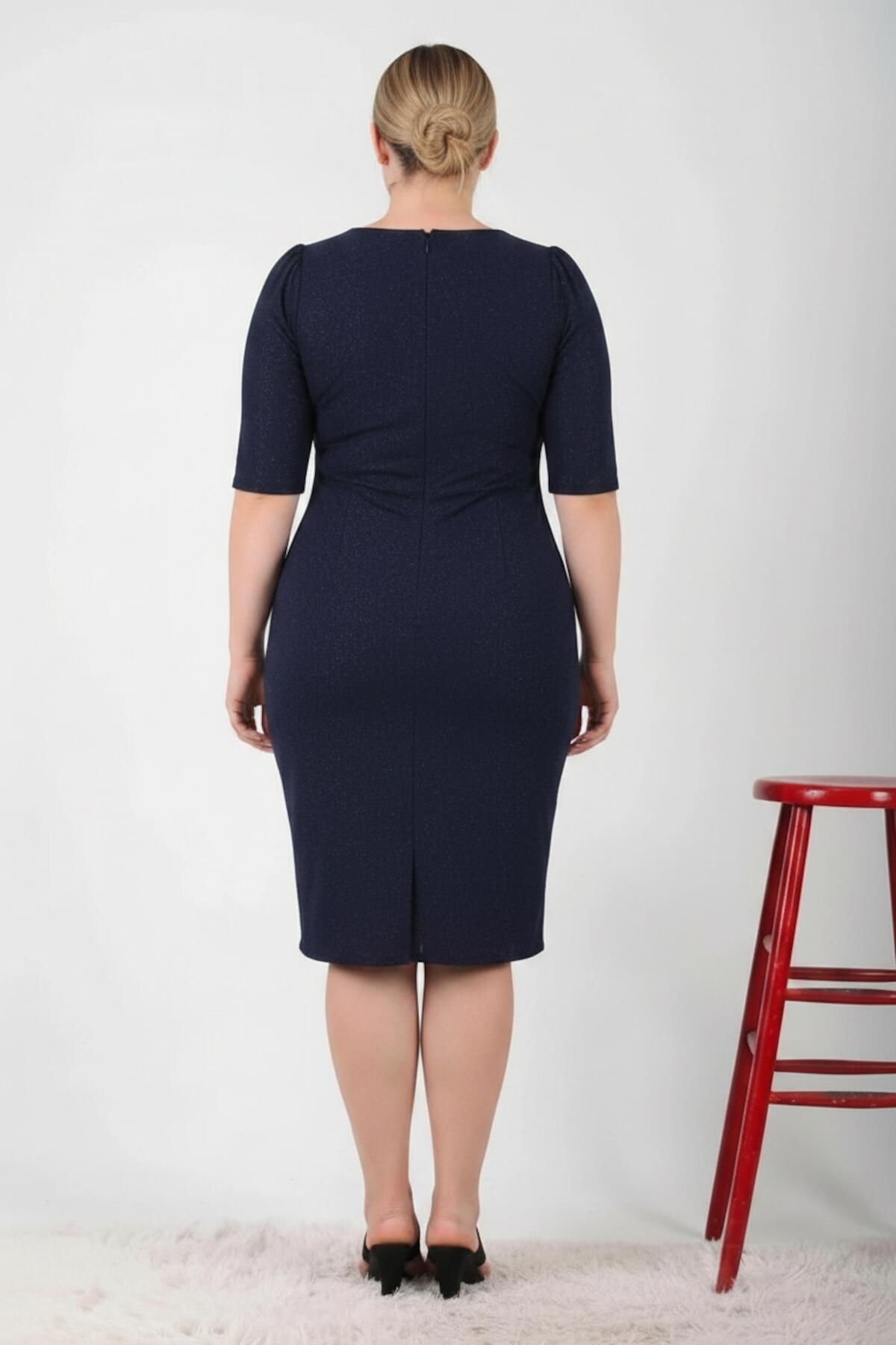 Plus - Size Navy Evening Dress With Waist Detail & Half Sleeves