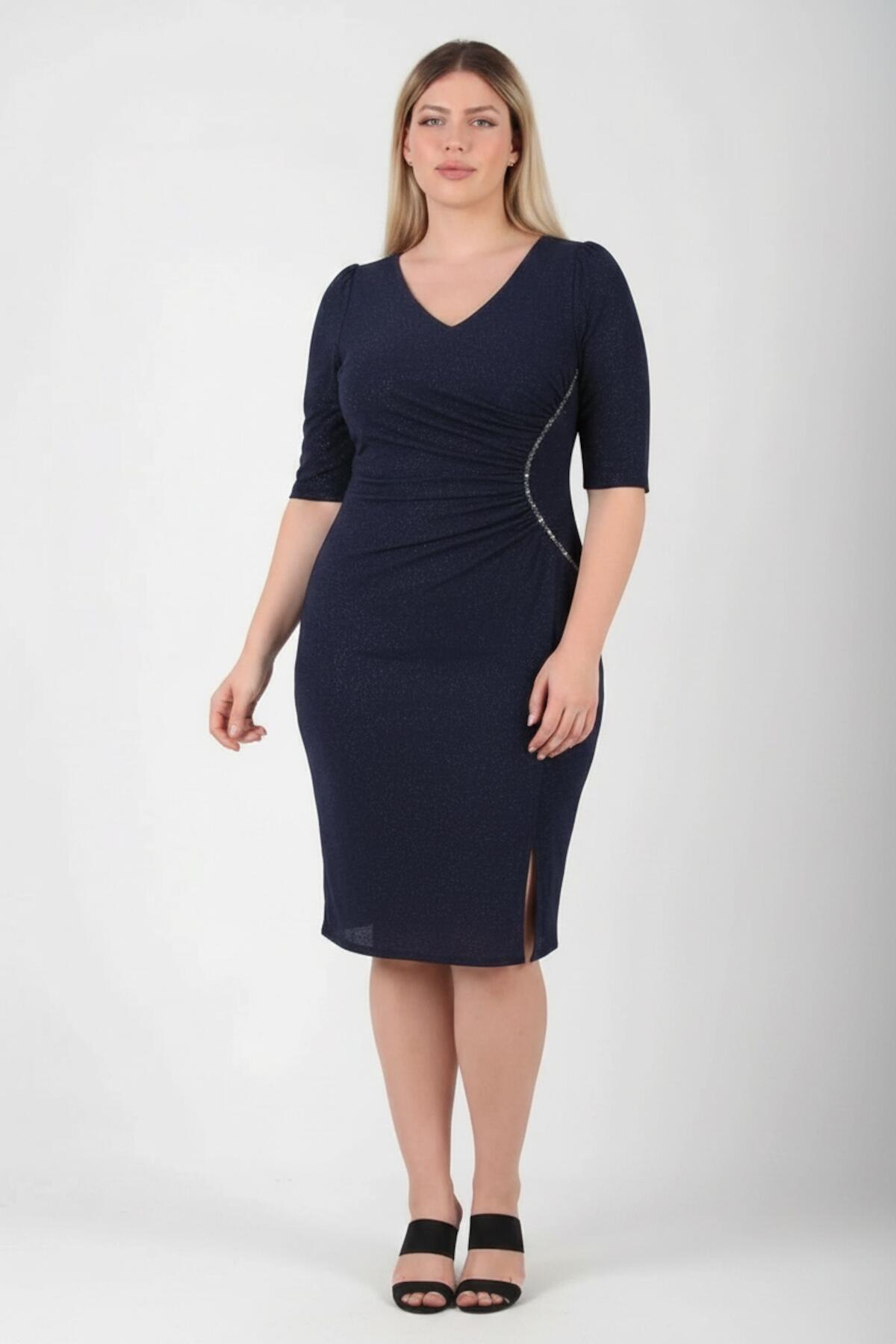 Plus - Size Navy Evening Dress With Waist Detail & Half Sleeves