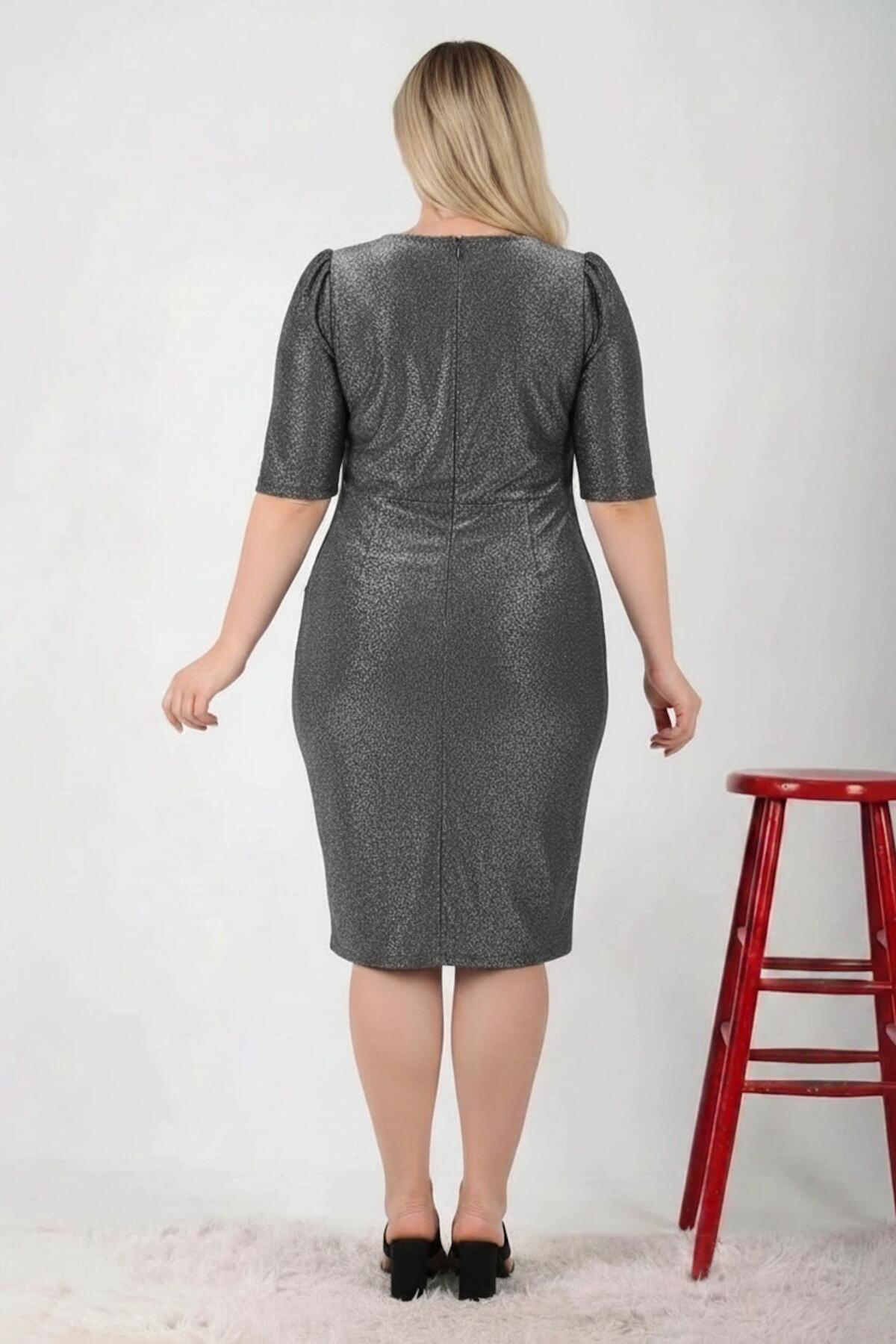 Plus - Size Waist - Detail Half - Sleeve Evening Dress — Silver