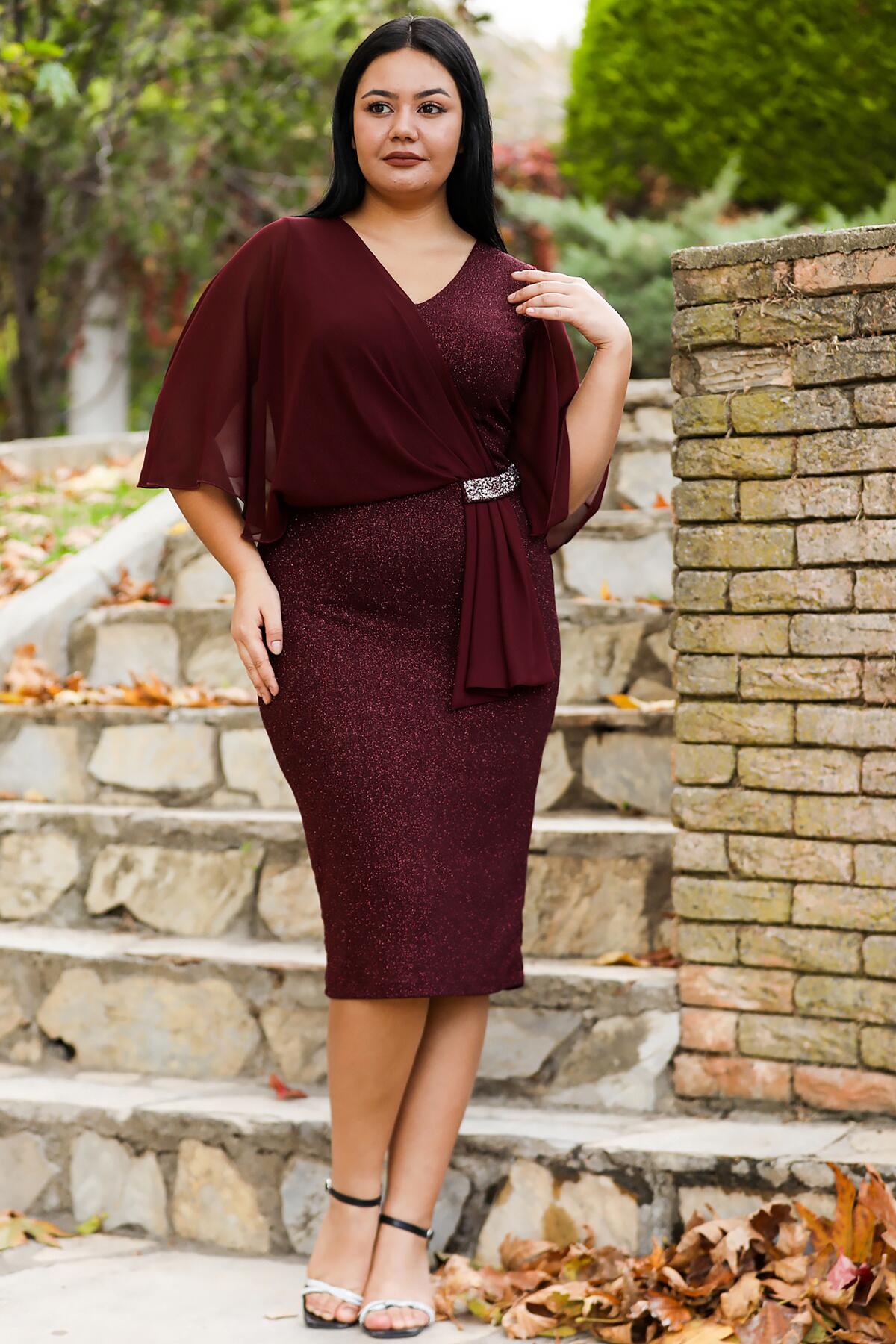 Plus - Size Glitter Midi Evening Dress — Burgundy