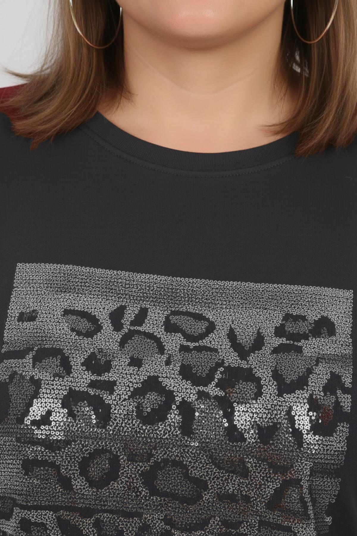 Set mit langärmligem Oberteil und Hose mit Strasssteinen in Übergröße – Anthrazit