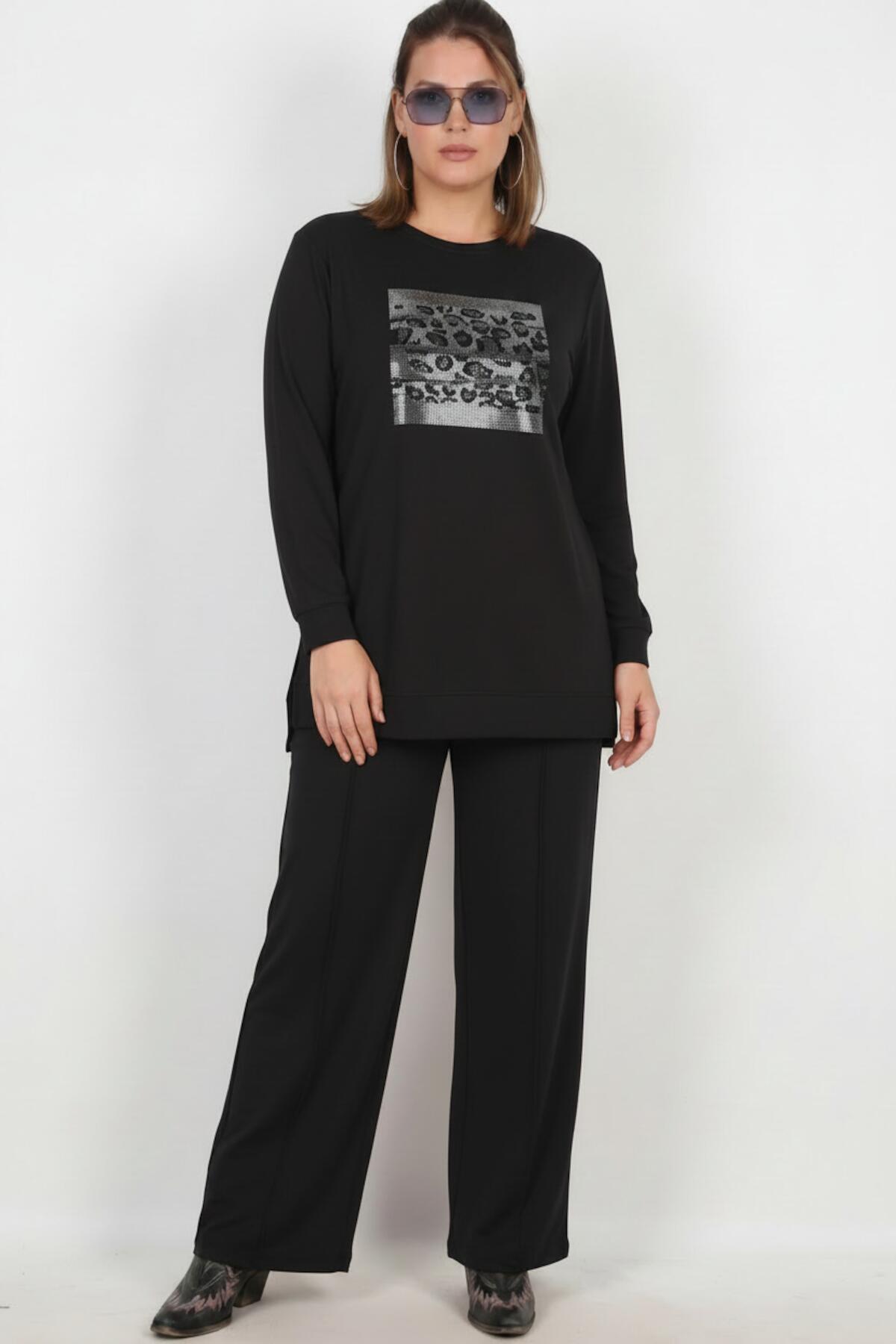 Plus-size set met lange mouwen en stenen details — Zwart