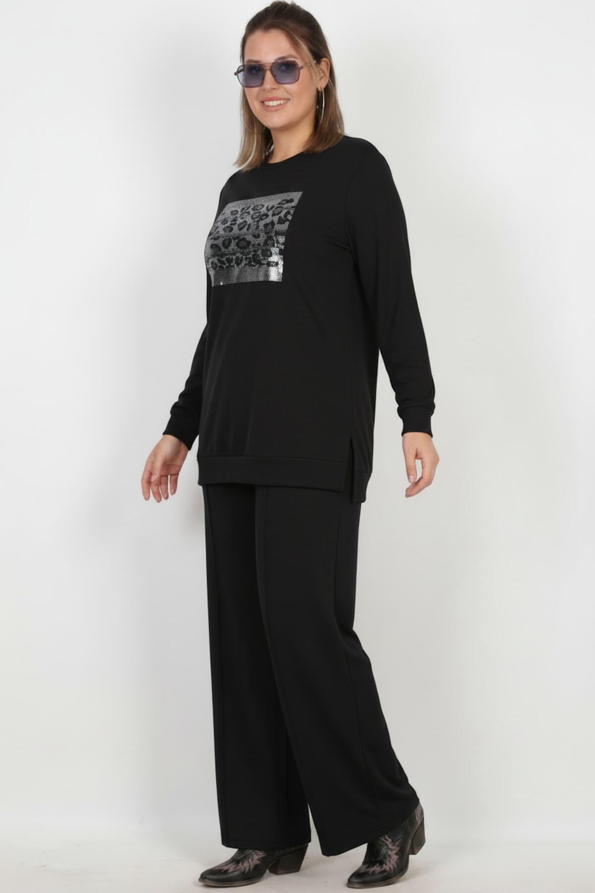 Plus-size set met lange mouwen en stenen details — Zwart