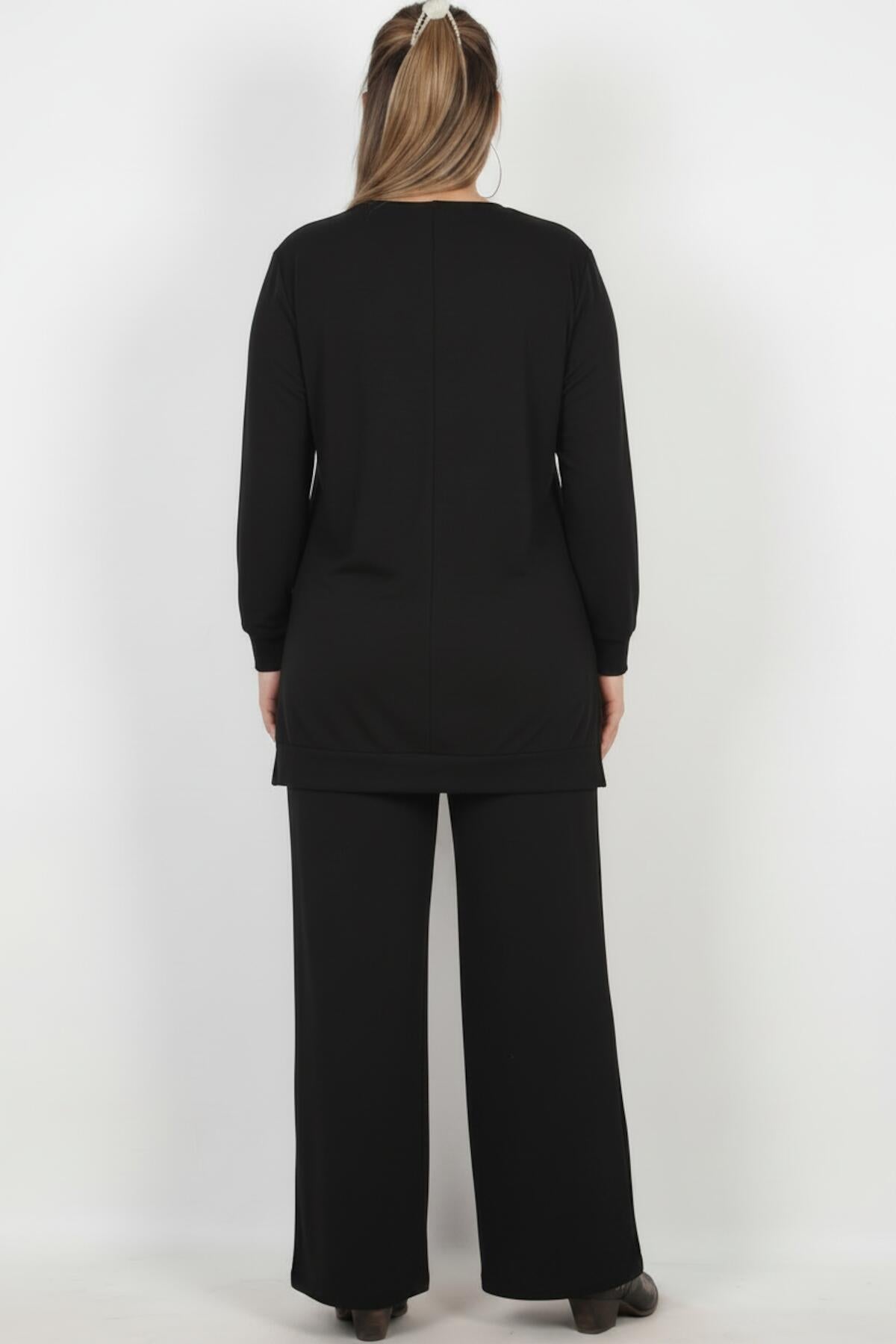 Plus - Size Long - Sleeve Set With Stone Detail — Black