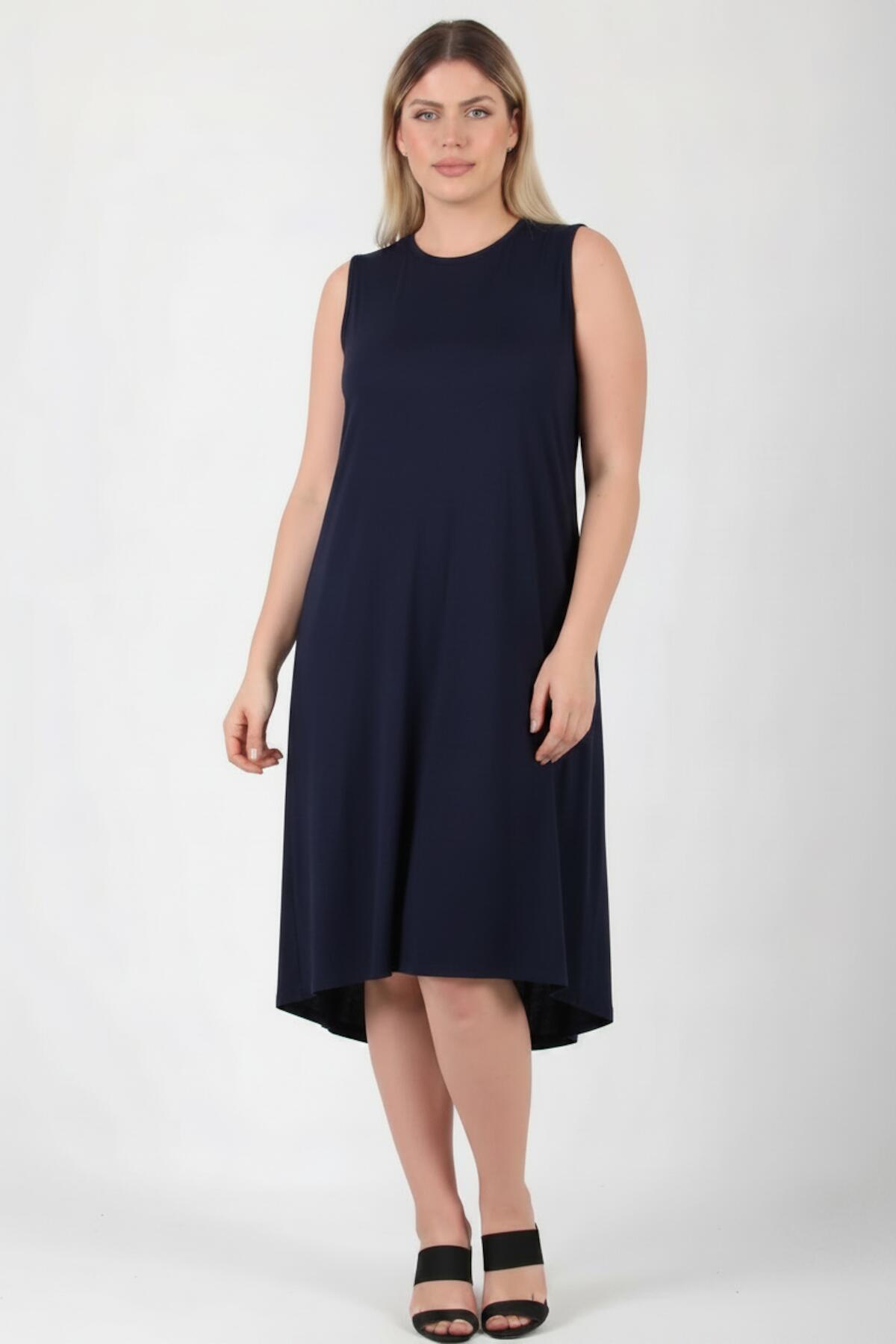 Grote Maat Mouwloze Jurk met Ronde Hals — Marineblauw
