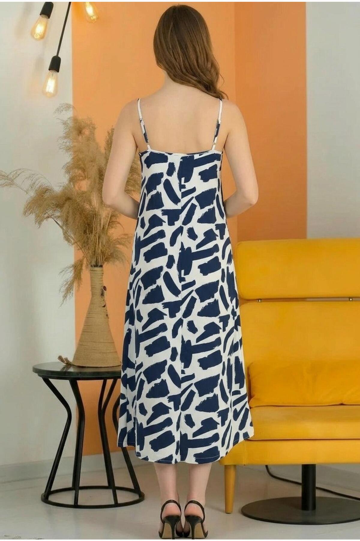 Gemustertes verstellbares Spaghettiträgerkleid, Indigo