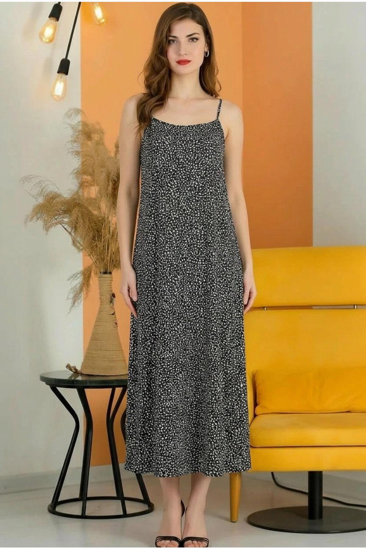 Patterned Spaghetti - Strap Dress With Adjustable Buckle — Black