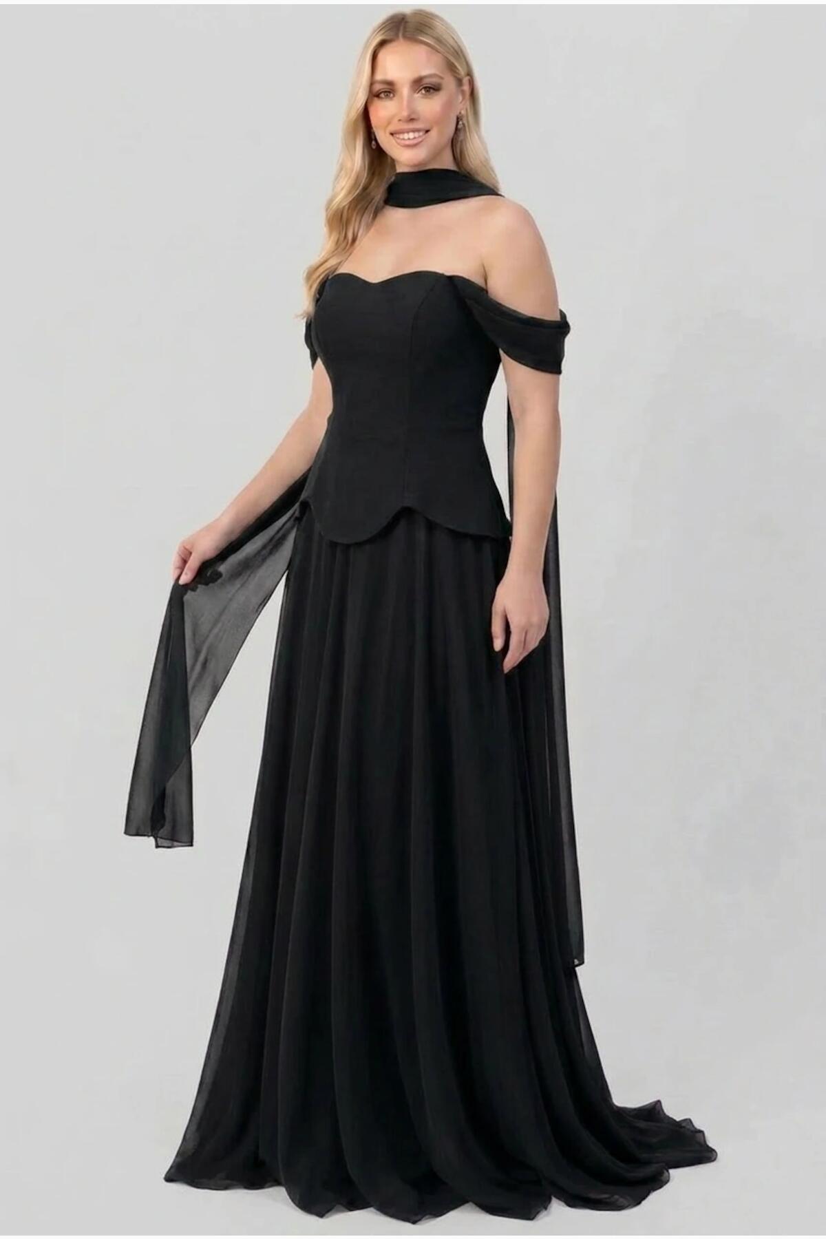 Crêpe-Abendkleid mit Tüllrock und Schal — Schwarz