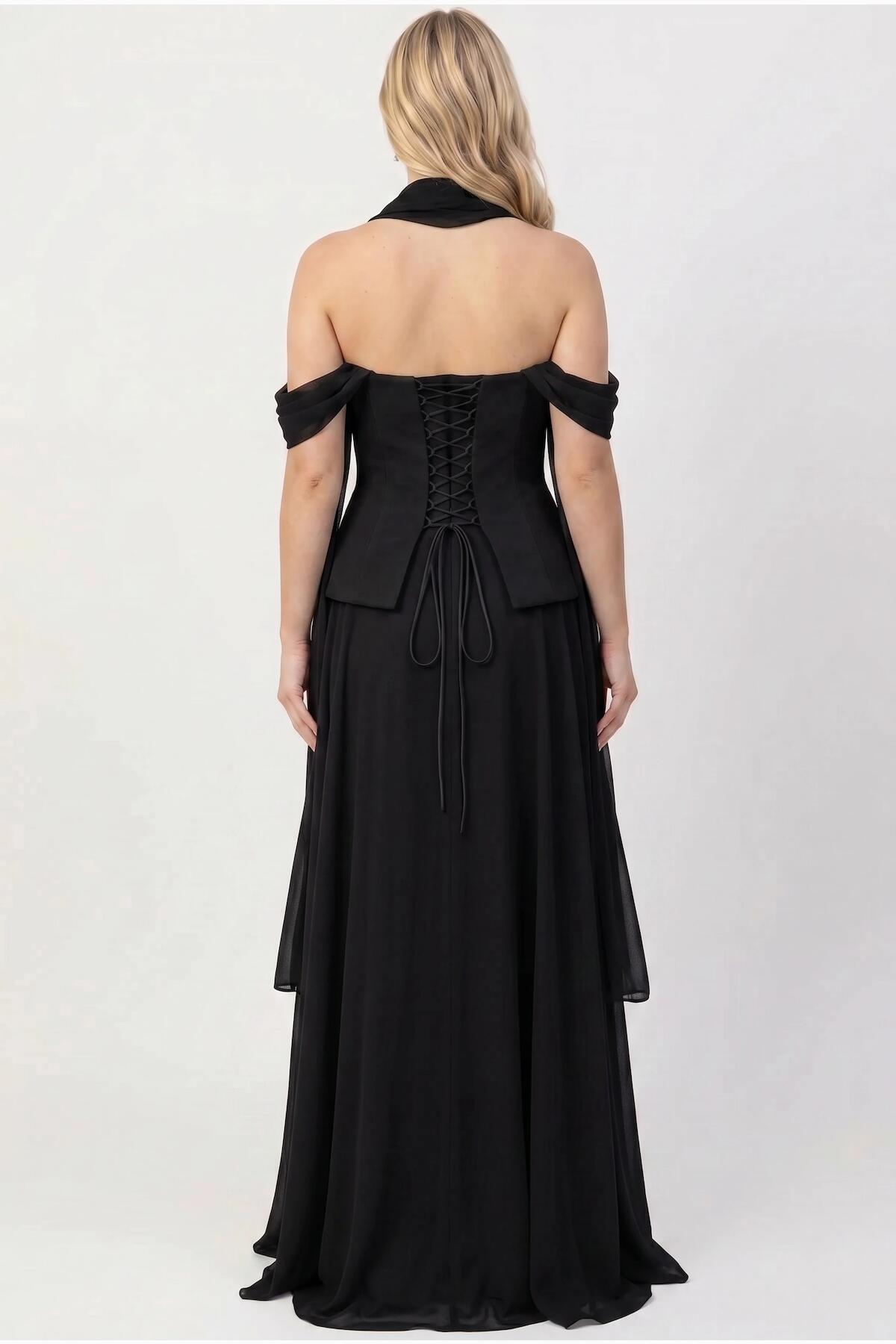Crêpe-Abendkleid mit Tüllrock und Schal — Schwarz
