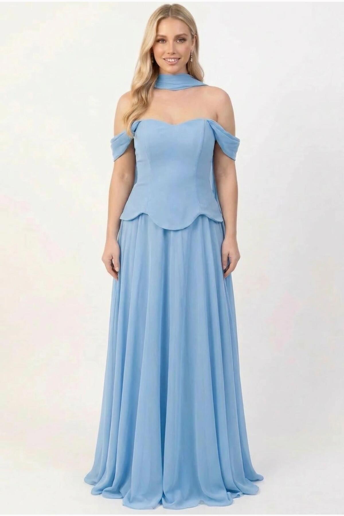 Crêpe Avondjurk Met Tule Rok En Sjaal — Blauw