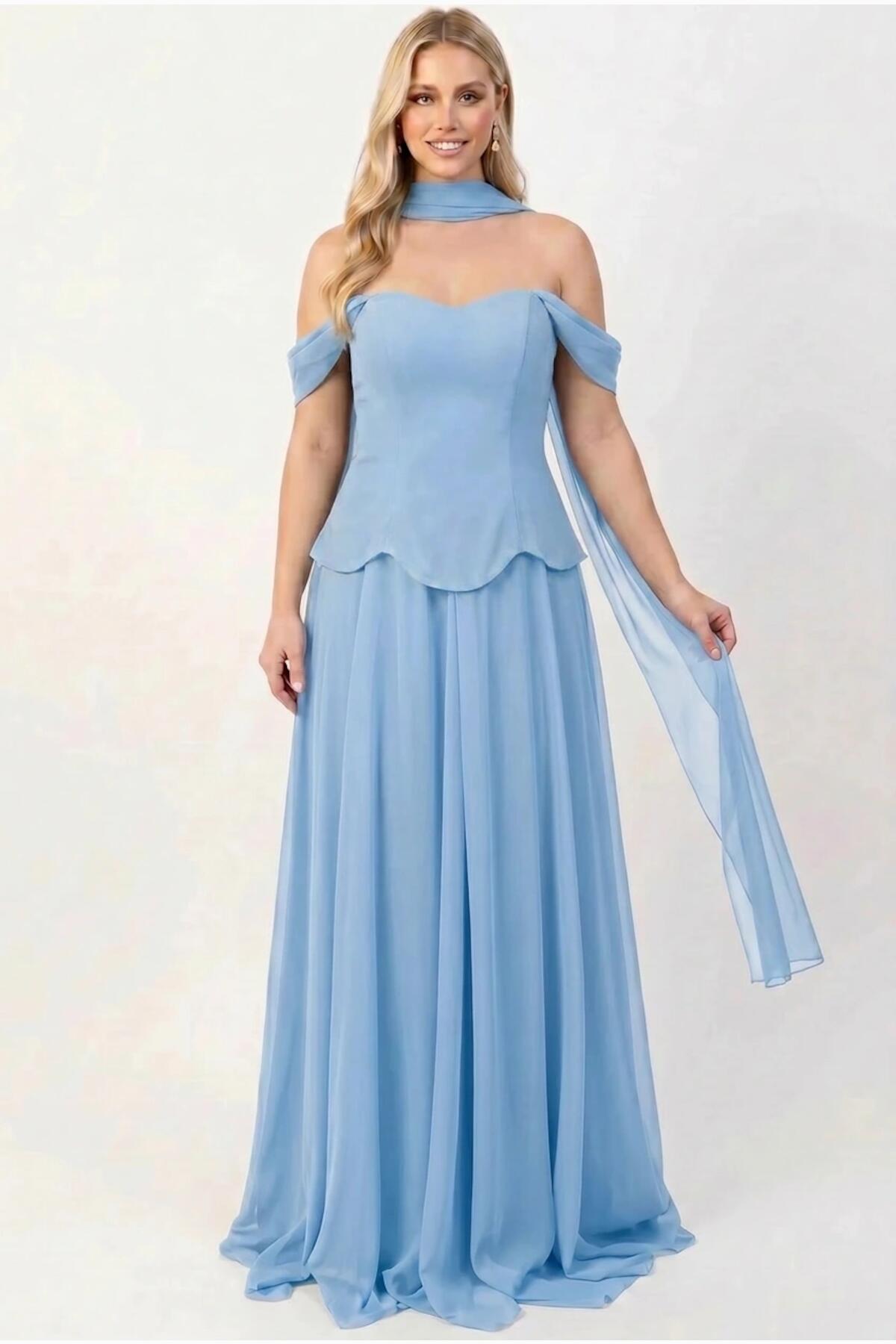 Crêpe Avondjurk Met Tule Rok En Sjaal — Blauw
