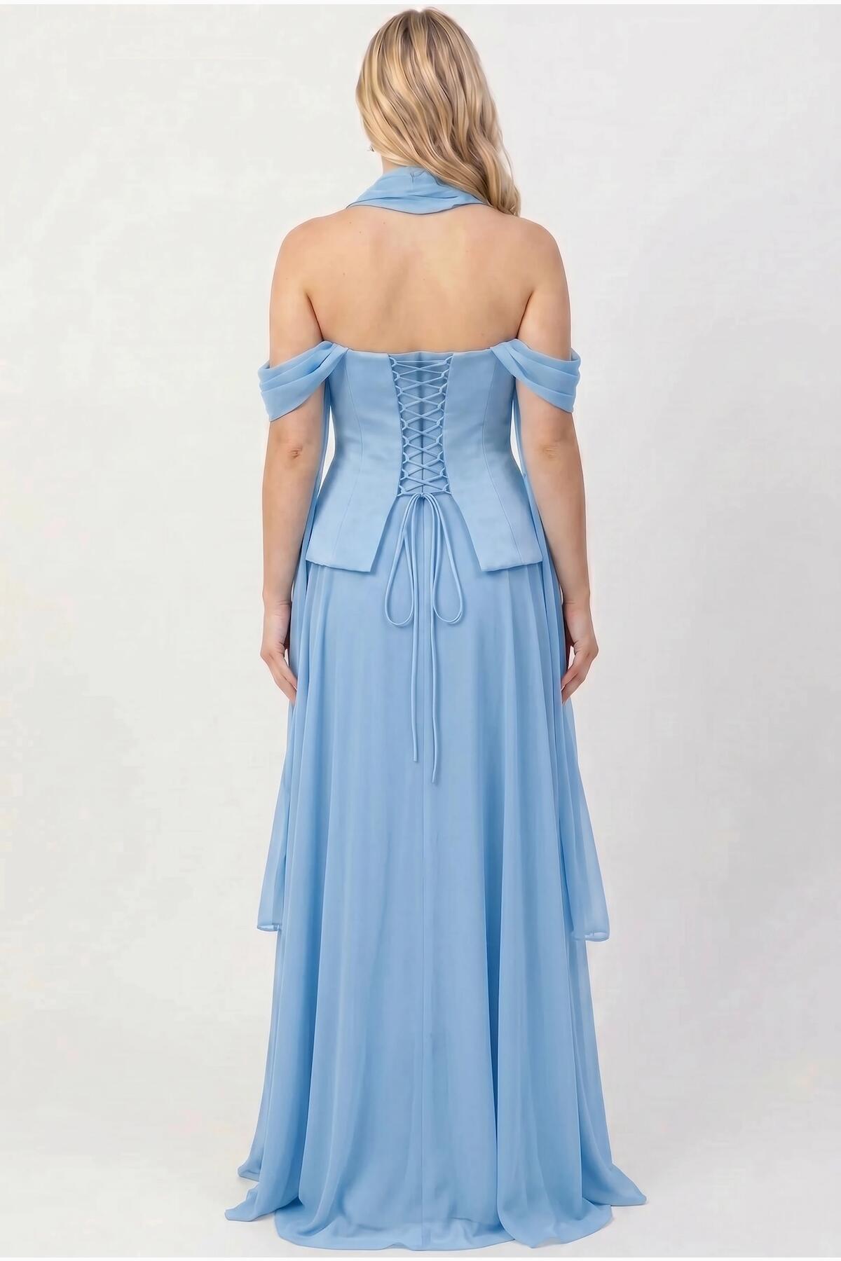 Crêpe-Abendkleid mit Tüllrock und Stola — Blau