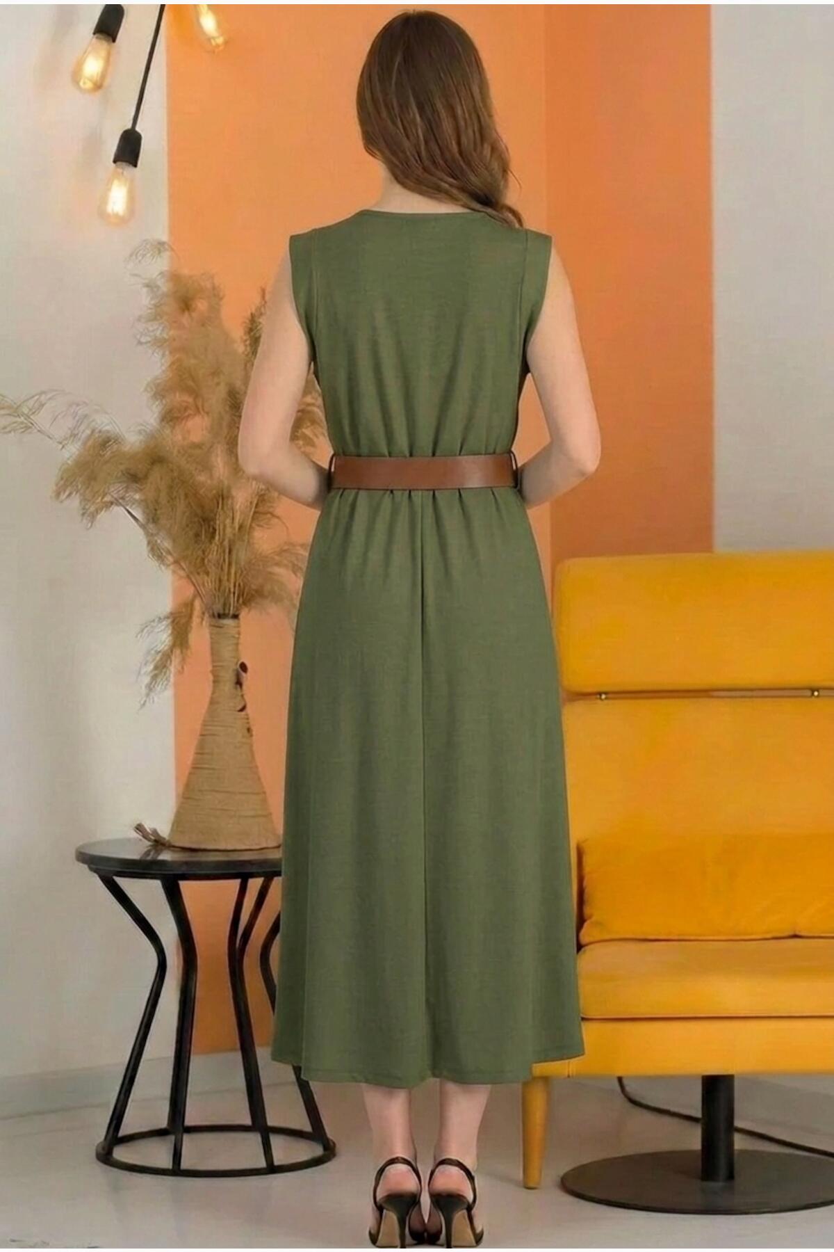 Padded - Shoulder Midi Dress With Elastic Waist — Khaki