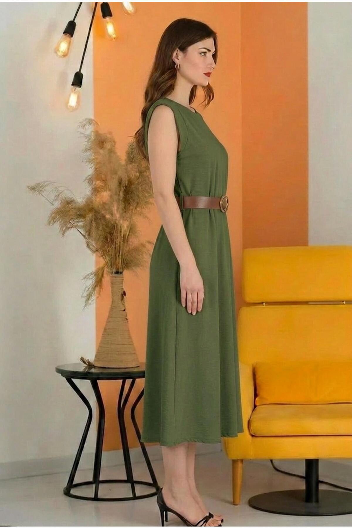 Padded - Shoulder Midi Dress With Elastic Waist — Khaki