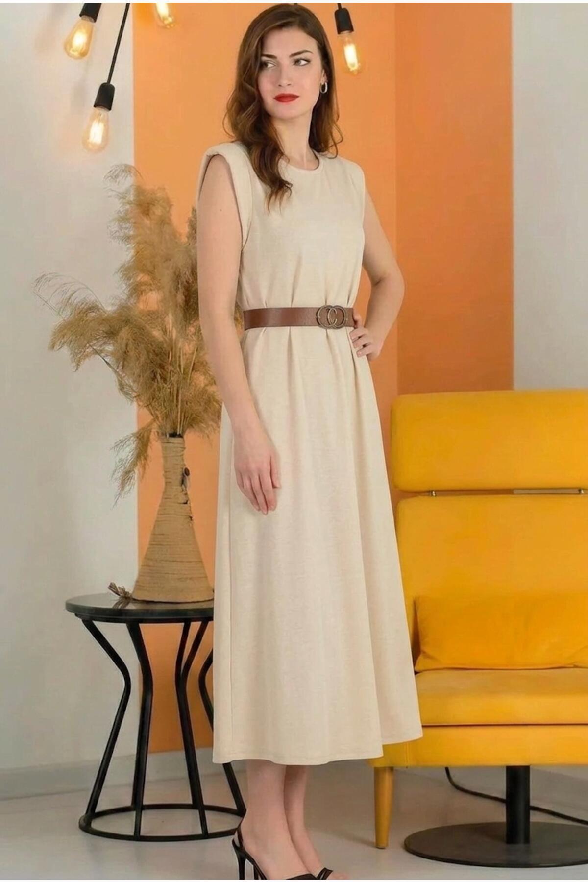 Padded - Shoulder Midi Dress With Elastic Waist — Stone
