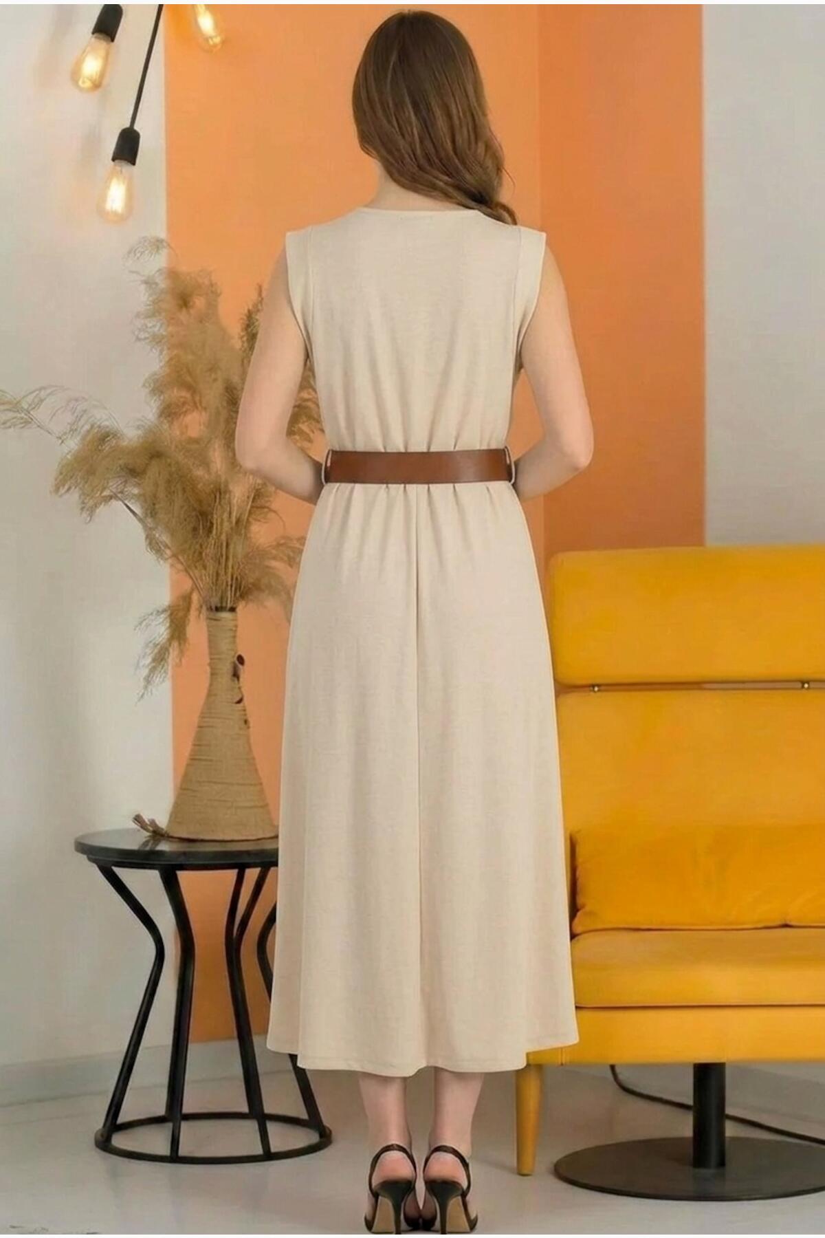 Padded - Shoulder Midi Dress With Elastic Waist — Stone